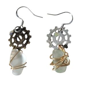 Handmade Silver Plated Steampunk Green Sea Glass Earrings